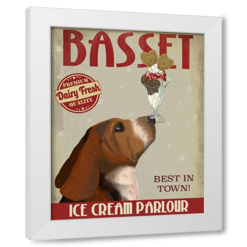 Basset Hound Ice Cream White Modern Wood Framed Art Print by Fab Funky