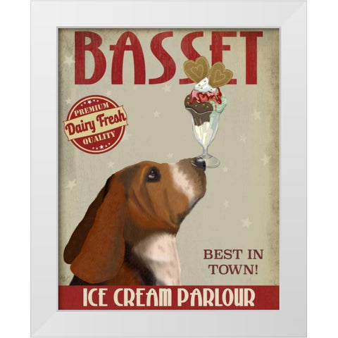 Basset Hound Ice Cream White Modern Wood Framed Art Print by Fab Funky