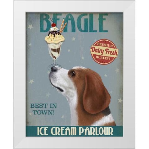 Beagle Ice Cream White Modern Wood Framed Art Print by Fab Funky