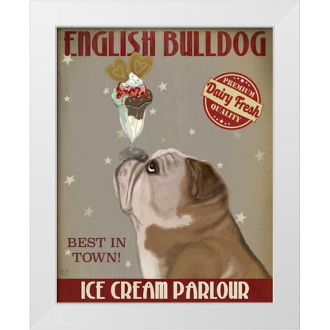 English Bulldog Ice Cream White Modern Wood Framed Art Print by Fab Funky