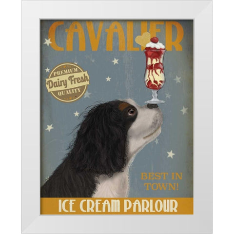 Cavalier King Charles, Black White, Ice Cream White Modern Wood Framed Art Print by Fab Funky