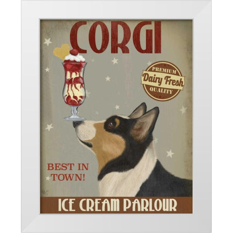 Corgi, Black and Tan, Ice Cream White Modern Wood Framed Art Print by Fab Funky