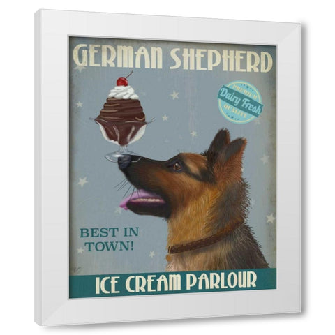 German Shepherd Ice Cream White Modern Wood Framed Art Print by Fab Funky