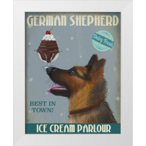 German Shepherd Ice Cream White Modern Wood Framed Art Print by Fab Funky
