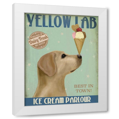 Yellow Labrador Ice Cream White Modern Wood Framed Art Print by Fab Funky