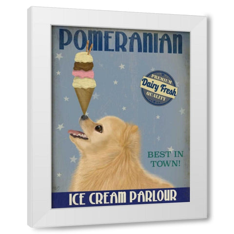Pomeranian Ice Cream White Modern Wood Framed Art Print by Fab Funky