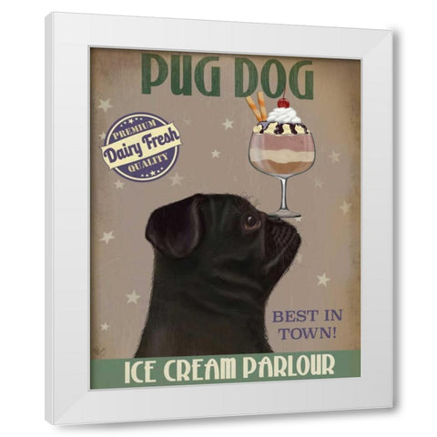 Pug, Black, Ice Cream White Modern Wood Framed Art Print by Fab Funky