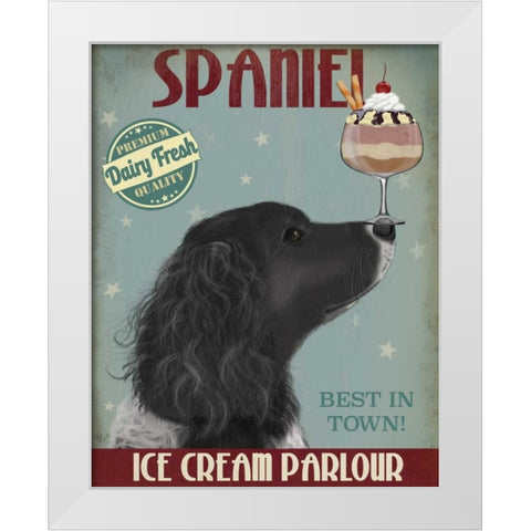Springer Spaniel, Black, Bebe,Ice Cream White Modern Wood Framed Art Print by Fab Funky