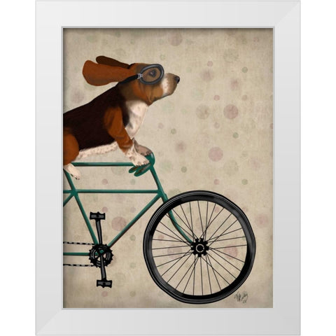 Basset Hound on Bicycle White Modern Wood Framed Art Print by Fab Funky