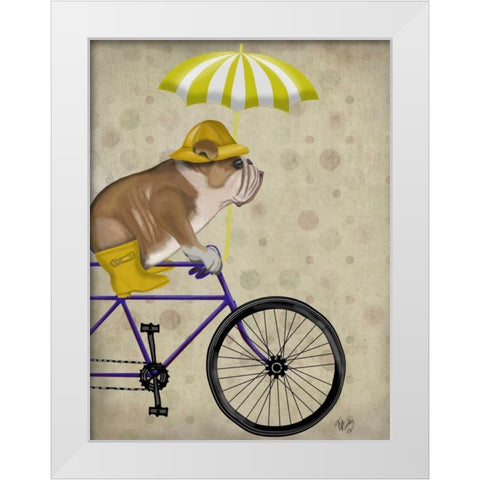 English Bulldog on Bicycle White Modern Wood Framed Art Print by Fab Funky