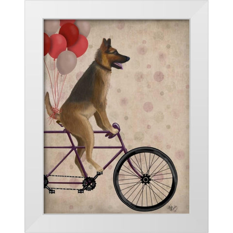 German Shepherd on Bicycle White Modern Wood Framed Art Print by Fab Funky