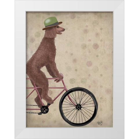 Poodle on Bicycle, Brown White Modern Wood Framed Art Print by Fab Funky