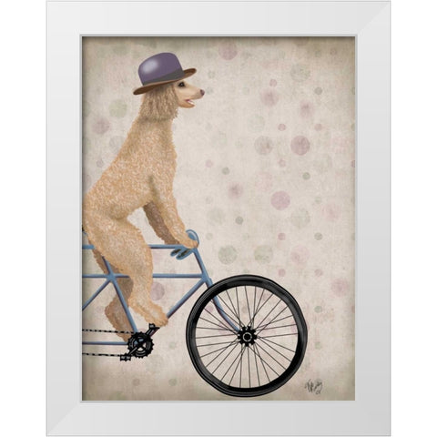 Poodle on Bicycle, Cream White Modern Wood Framed Art Print by Fab Funky