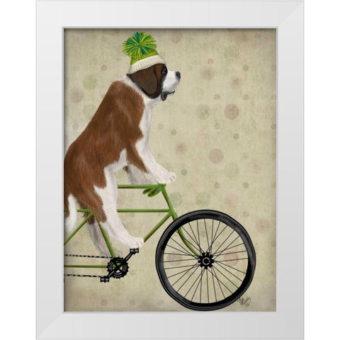 St Bernard on Bicycle White Modern Wood Framed Art Print by Fab Funky