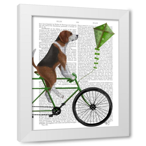 Beagle on Bicycle White Modern Wood Framed Art Print by Fab Funky