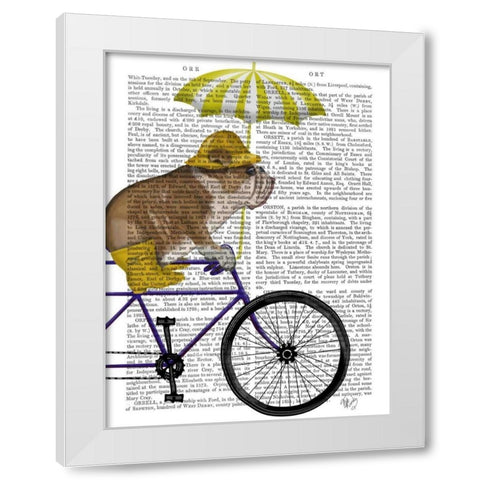 English Bulldog on Bicycle White Modern Wood Framed Art Print by Fab Funky