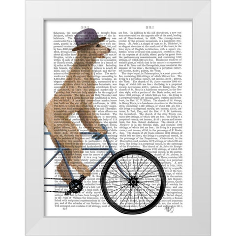 Poodle on Bicycle, Cream White Modern Wood Framed Art Print by Fab Funky