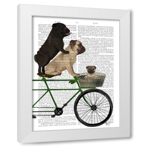 Pugs on Bicycle White Modern Wood Framed Art Print by Fab Funky