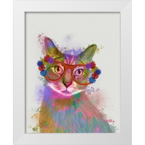 Rainbow Splash Cat 1 White Modern Wood Framed Art Print by Fab Funky