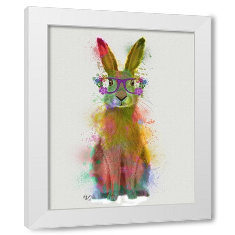 Rainbow Splash Rabbit 1 White Modern Wood Framed Art Print by Fab Funky