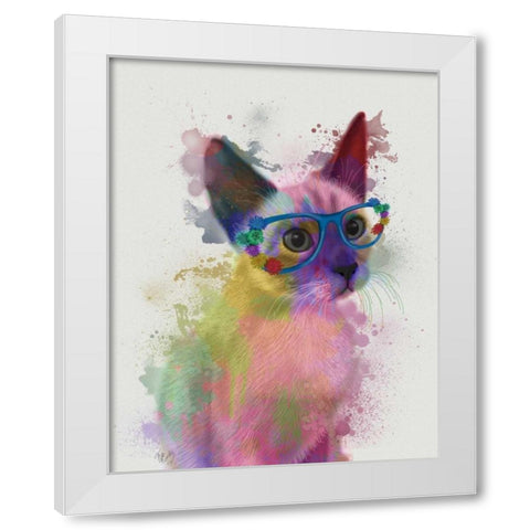 Rainbow Splash Cat 2 White Modern Wood Framed Art Print by Fab Funky