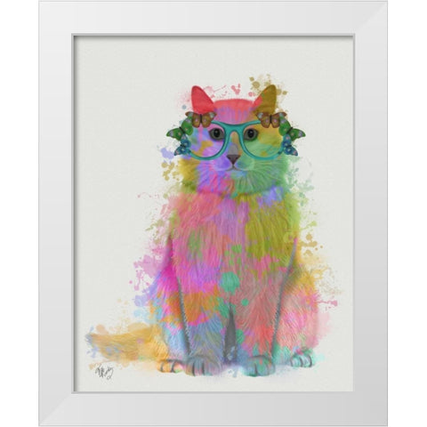 Rainbow Splash Cat 3, Full White Modern Wood Framed Art Print by Fab Funky