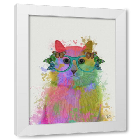 Rainbow Splash Cat 3, Portrait White Modern Wood Framed Art Print by Fab Funky