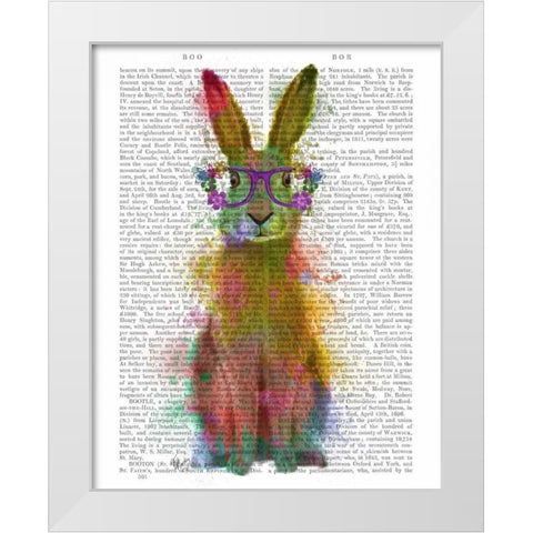 Rainbow Splash Rabbit 1 White Modern Wood Framed Art Print by Fab Funky