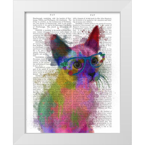 Rainbow Splash Cat 2 White Modern Wood Framed Art Print by Fab Funky