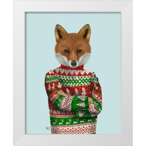 Fox in Christmas Sweater White Modern Wood Framed Art Print by Fab Funky