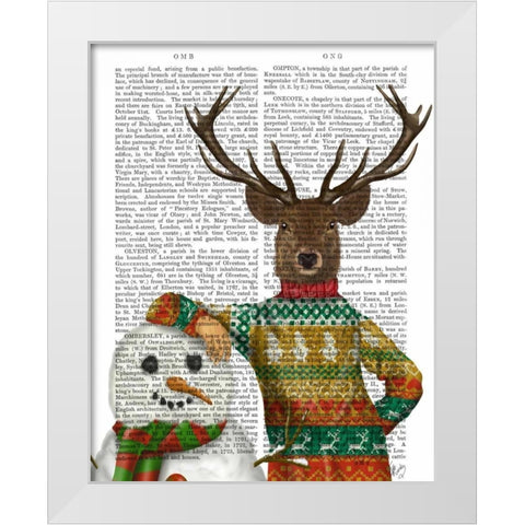 Deer in Christmas Sweater with Snowman White Modern Wood Framed Art Print by Fab Funky