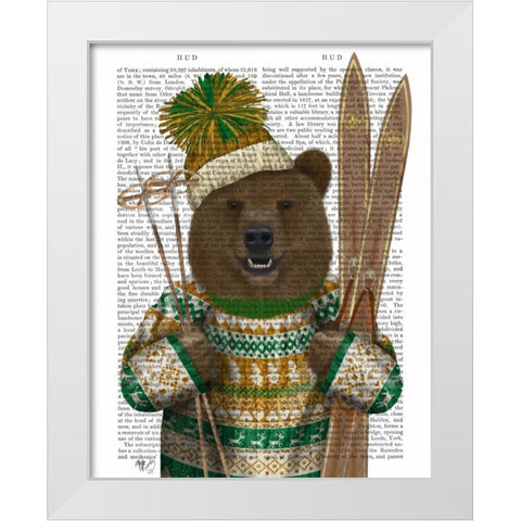 Bear in Christmas Sweater White Modern Wood Framed Art Print by Fab Funky