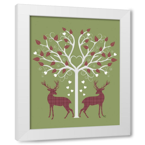 Christmas Des - Deer and Heart Tree, Pink On Green White Modern Wood Framed Art Print by Fab Funky
