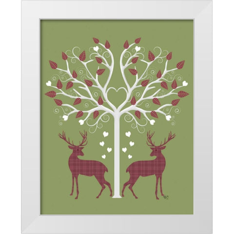 Christmas Des - Deer and Heart Tree, Pink On Green White Modern Wood Framed Art Print by Fab Funky