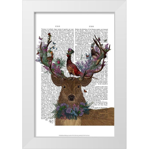 Deer Birdkeeper, Scotish White Modern Wood Framed Art Print by Fab Funky