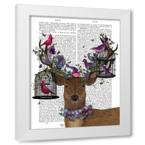 Deer Birdkeeper, Tropical Bird Cages White Modern Wood Framed Art Print by Fab Funky