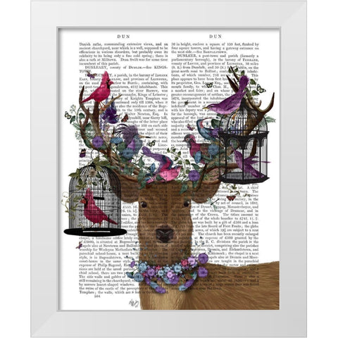 Deer Birdkeeper, Tropical Bird Cages White Modern Wood Framed Art Print by Fab Funky