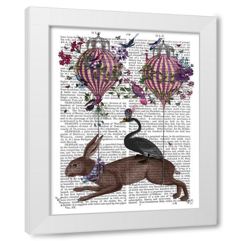 Hare Birdkeeper, Hot Air Balloon White Modern Wood Framed Art Print by Fab Funky