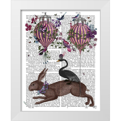 Hare Birdkeeper, Hot Air Balloon White Modern Wood Framed Art Print by Fab Funky