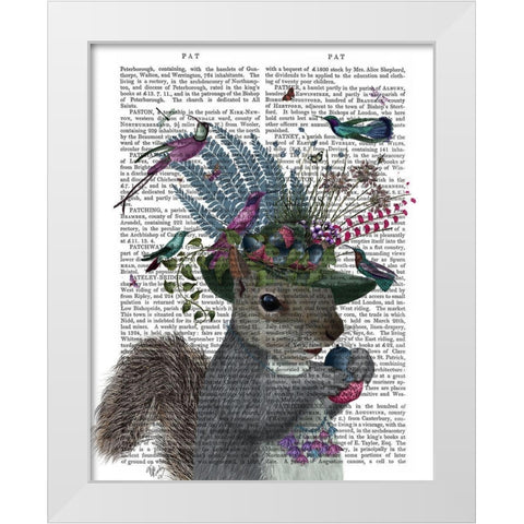 Squirrel Birdkeeper and Blue Acorns White Modern Wood Framed Art Print by Fab Funky