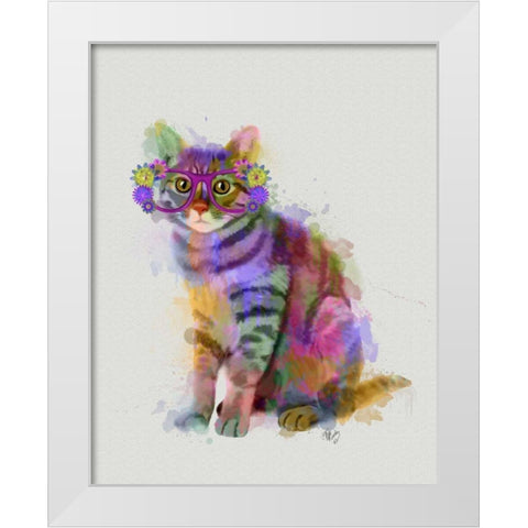 Cat Rainbow Splash 7 White Modern Wood Framed Art Print by Fab Funky