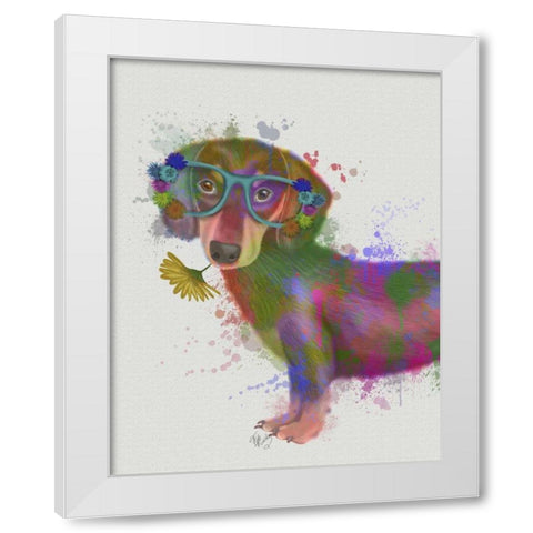Dachshund And Glasses Rainbow Splash White Modern Wood Framed Art Print by Fab Funky