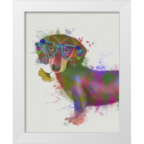 Dachshund And Glasses Rainbow Splash White Modern Wood Framed Art Print by Fab Funky