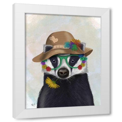 Badger and Flower Glasses White Modern Wood Framed Art Print by Fab Funky