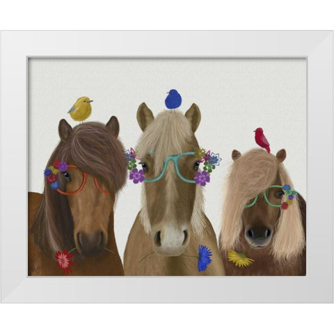 Horse Trio with Flower Glasses White Modern Wood Framed Art Print by Fab Funky