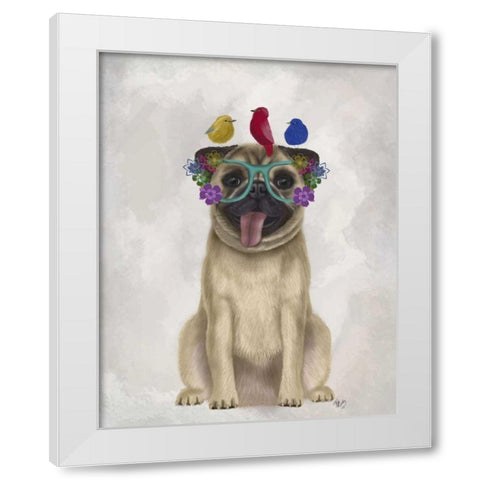 Pug and Flower Glasses White Modern Wood Framed Art Print by Fab Funky