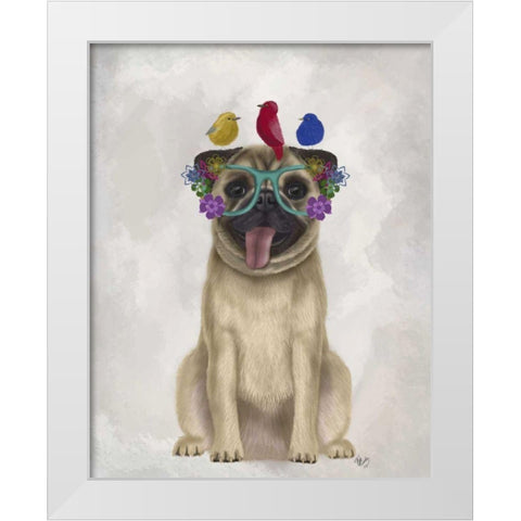 Pug and Flower Glasses White Modern Wood Framed Art Print by Fab Funky