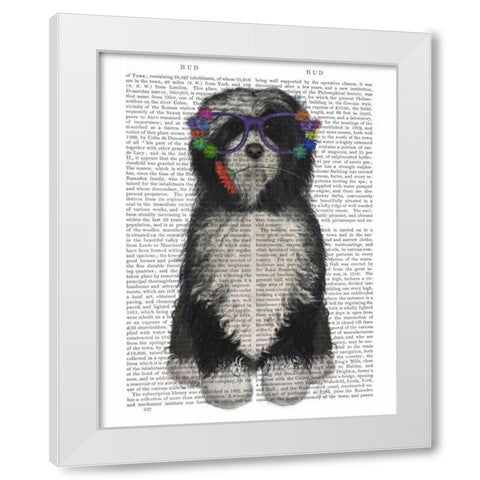 Tibetan Terrier Flower Glasses White Modern Wood Framed Art Print by Fab Funky