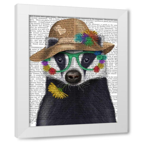 Badger and Flower Glasses White Modern Wood Framed Art Print by Fab Funky
