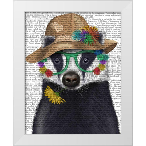 Badger and Flower Glasses White Modern Wood Framed Art Print by Fab Funky